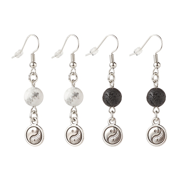 PandaHall 2Pair 2 Style Natural Lava Rock & Howlite with Yin Yang Long Dangle Earrings, Brass Jewelry for Women, 49~50mm, Pin: 0.7mm, 1...