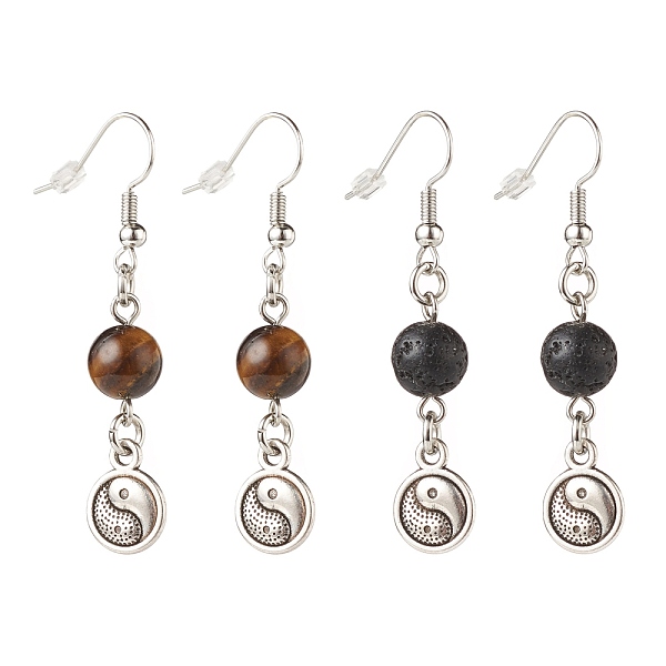 PandaHall 2Pair 2 Style Natural Lava Rock & Tiger Eye with Yin Yang Long Dangle Earrings, Brass Jewelry for Women, 49~50mm, Pin: 0.7mm, 1...