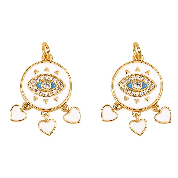 PandaHall 2Pcs Flat Round with Eye & Heart Brass Enamel Pendants, with Rhinestone, for Jewelry Necklace Bracelet Earring Making Craft...