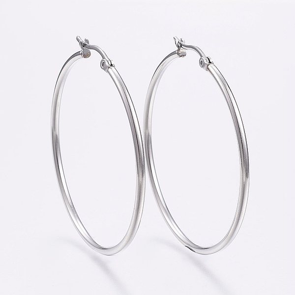 PandaHall 304 Stainless Steel Big Hoop Earrings, Hypoallergenic Earrings, Stainless Steel Color, 12 Gauge, 49~51x2mm, Pin: 0.7x1mm 304...