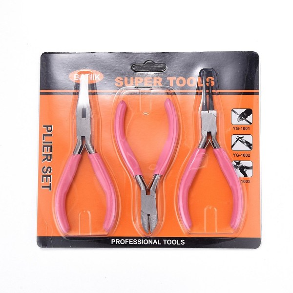 PandaHall 45# Steel Jewelry Plier Sets, Including Wire Round Nose Plier, Cutter Plier and Side Cutting Plier, Pink, 11.7x8x0.9cm...