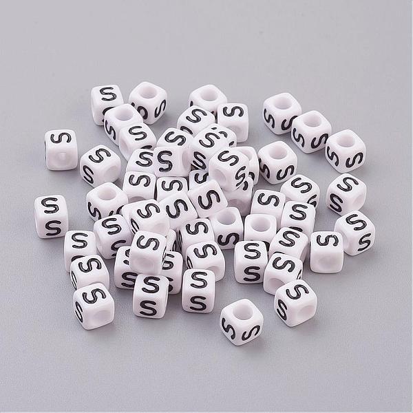 PandaHall 6MM Letter S White Letter Acrylic Cube Beads, Horizontal Hole for Message Necklace Making, Size: about 6mm wide, 6mm long, 6mm...