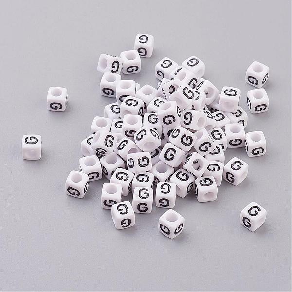 PandaHall Acrylic Horizontal Hole Letter Beads, Cube, White, Letter G, Size: about 6mm wide, 6mm long, 6mm high, hole: about 3.2mm, about...