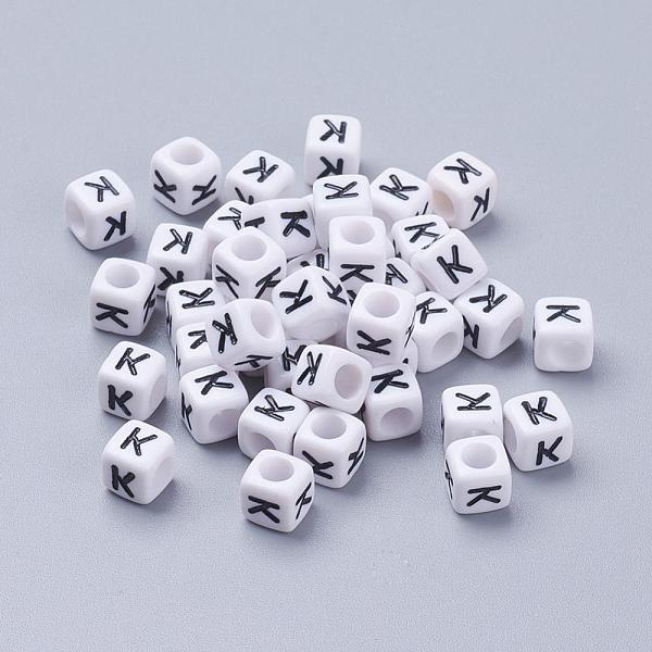 PandaHall Acrylic Horizontal Hole Letter Beads, Cube, White, Letter K, Size: about 6mm wide, 6mm long, 6mm high, hole: about 3.2mm, about...