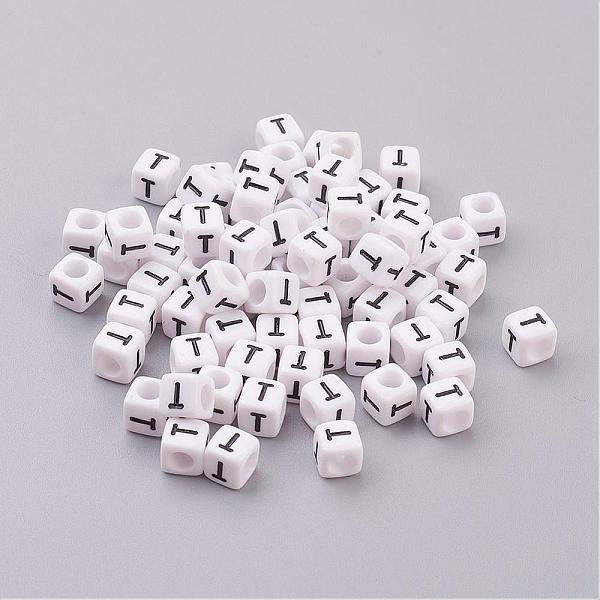 PandaHall Acrylic Horizontal Hole Letter Beads, Cube, White, Letter T, Size: about 6mm wide, 6mm long, 6mm high, hole: about 3.2mm, about...