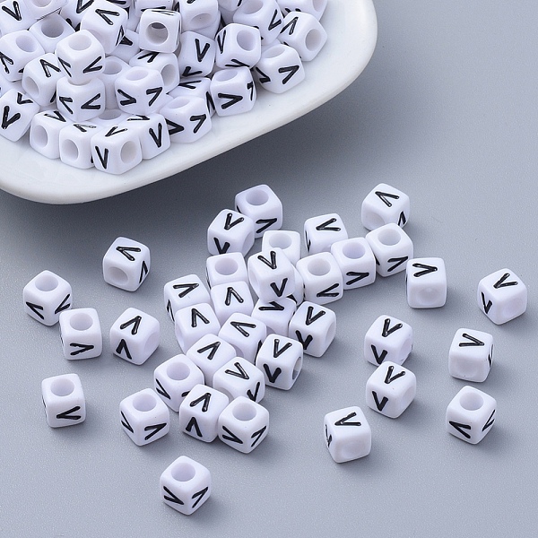 PandaHall Acrylic Horizontal Hole Letter Beads, Cube, White, Letter V, Size: about 6mm wide, 6mm long, 6mm high, hole: about 3.2mm, about...