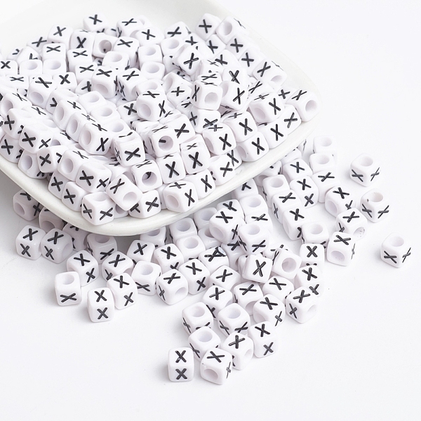 PandaHall Acrylic Horizontal Hole Letter Beads, Cube, White, Letter X, Size: about 6mm wide, 6mm long, 6mm high, hole: about 3.2mm, about...