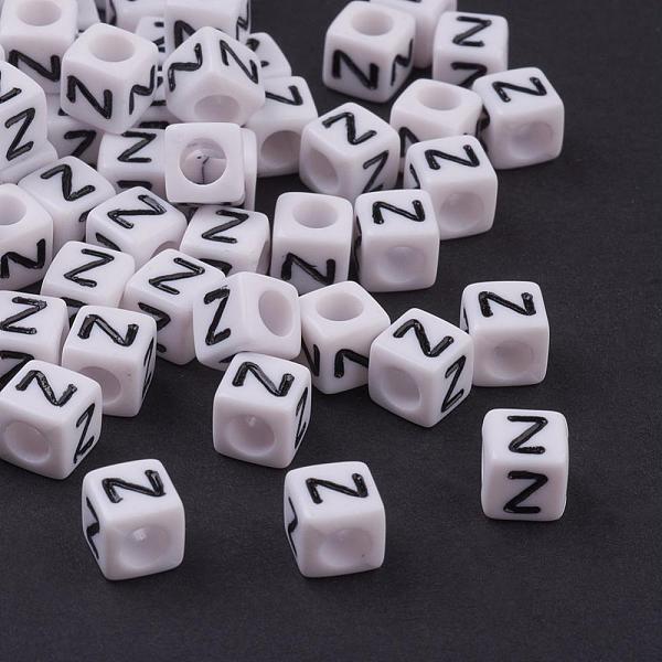 PandaHall Acrylic Horizontal Hole Letter Beads, Cube, White, Letter Z, Size: about 6mm wide, 6mm long, 6mm high, hole: about 3.2mm, about...