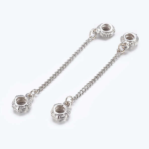 PandaHall Alloy European Beads, Rondelle, with Safety Chains, Nickel Free, Platinum, 56~66mm, Beads: 13x10mm, Hole: 4mm Alloy Rondelle