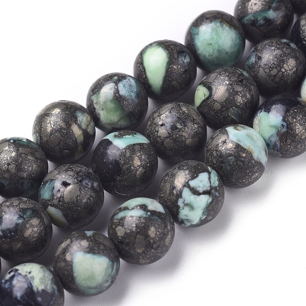 PandaHall Assembled Synthetic Pyrite and Variscite Beads Strands, Round, 8~8.5mm, Hole: 1.4mm, about 49 pcs/Strand, 15.75''(40 cm) Pyrite...