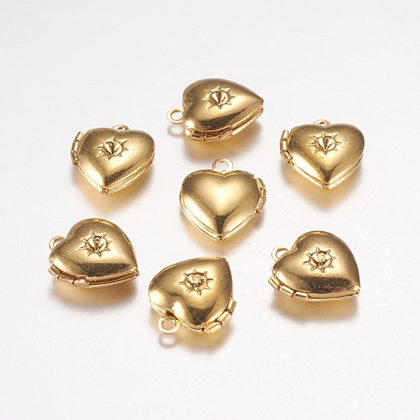 PandaHall Brass Locket Pendants, Photo Frame Charms for Necklaces, Heart, Golden,12x10.5x0x4mm, Hole: 1mm Brass Heart