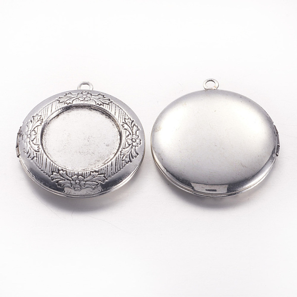 PandaHall Brass Photo Frame Locket Pendants, Flat Round, Antique Silver, 36x32.5x6mm, Hole: 2.5mm Brass Flat Round