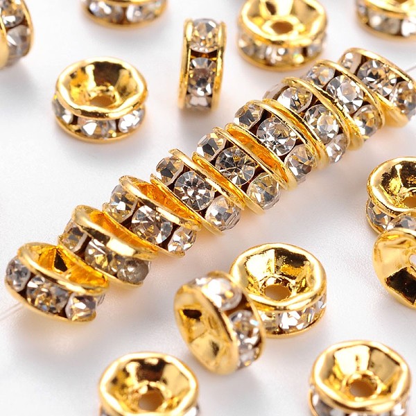 PandaHall Brass Rhinestone Spacer Beads, for Jewelry Craft Making Findings, Grade A, Straight Flange, Golden Metal Color, Rondelle, Crystal...