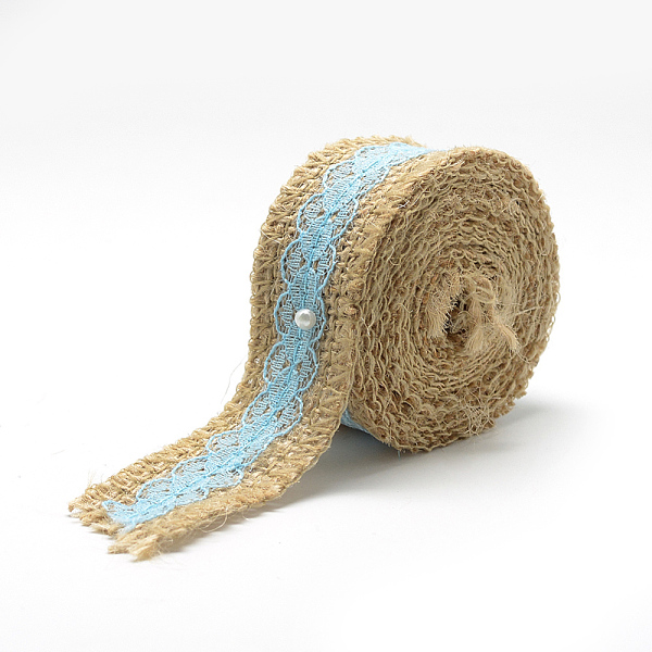 PandaHall Burlap Ribbon, Hessian Ribbon, Jute Ribbon, with Lace, for Jewelry Making, Flower Pattern, Light Sky Blue, 1-1/8 inch(27~28mm)...