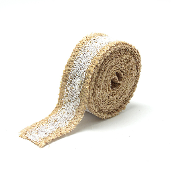 PandaHall Burlap Ribbon, Hessian Ribbon, Jute Ribbon, with Lace, for Jewelry Making, Flower Pattern, White, 1-1/8 inch(27~28mm), about...