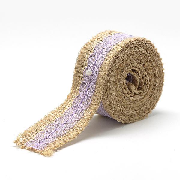 PandaHall Burlap Ribbon, Hessian Ribbon, Jute Ribbon, with Lace, for Jewelry Making, Flower Pattern, Lilac, 1-1/8 inch(27~28mm), about...