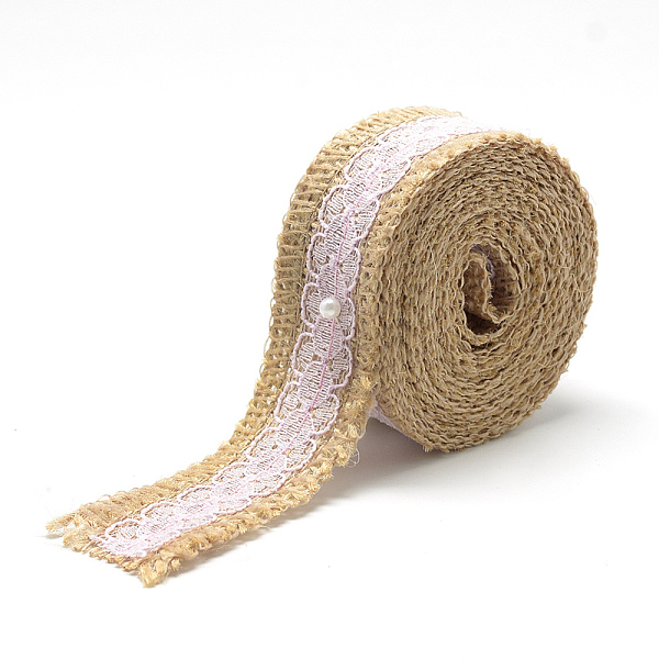 PandaHall Burlap Ribbon, Hessian Ribbon, Jute Ribbon, with Lace, for Jewelry Making, Flower Pattern, Pink, 1-1/8 inch(27~28mm), about...