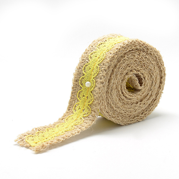 PandaHall Burlap Ribbon, Hessian Ribbon, Jute Ribbon, with Lace, for Jewelry Making, Flower Pattern, Yellow, 1-1/8 inch(27~28mm), about...