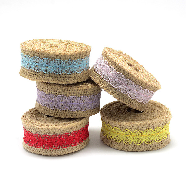 PandaHall Burlap Ribbon, Hessian Ribbon, Jute Ribbon, with Lace, for Jewelry Making, Flower Pattern, Mixed Color, 1-1/8 inch(27~28mm), about...