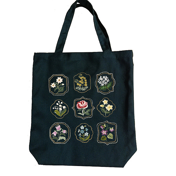 PandaHall DIY Flower Pattern Tote Bag Embroidery Kit, including Embroidery Needles & Thread, Cotton Cloth, Plastic Embroidery Frame, Black...