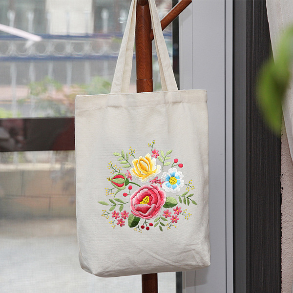 PandaHall DIY Flower Pattern Tote Bag Embroidery Kit, including Embroidery Needles & Thread, Cotton Cloth, Plastic Embroidery Frame, White...