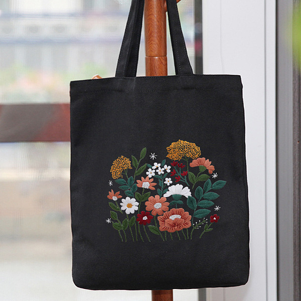 PandaHall DIY Flower Pattern Tote Bag Embroidery Kit, including Embroidery Needles & Thread, Cotton Cloth, Plastic Embroidery Frame, Black...