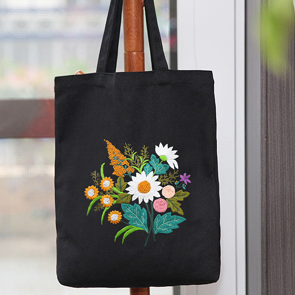 PandaHall DIY Flower Pattern Tote Bag Embroidery Kit, including Embroidery Needles & Thread, Cotton Cloth, Plastic Embroidery Frame, Black...