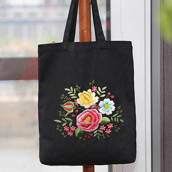 PandaHall DIY Flower Pattern Tote Bag Embroidery Kit, including Embroidery Needles & Thread, Cotton Cloth, Plastic Embroidery Frame, Black...