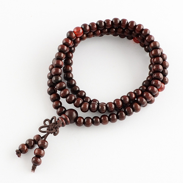 PandaHall Dual-use Items, Wrap Style Buddhist Jewelry Wood Round Beaded Bracelets or Necklaces, Dark Red, 520mm, 108pcs/bracelet Wood Red