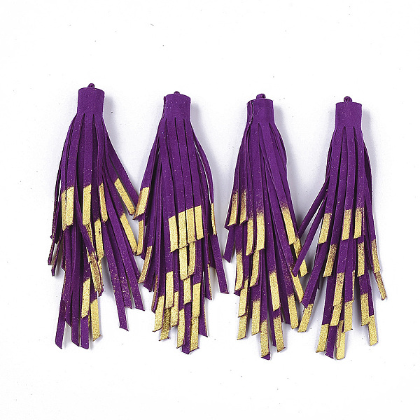 PandaHall Eco-Friendly Sheepskin Leather Tassel Big Pendants, Gold Plating, Purple, 87~91x8~10mm, Hole: 1~10mm Leather Purple