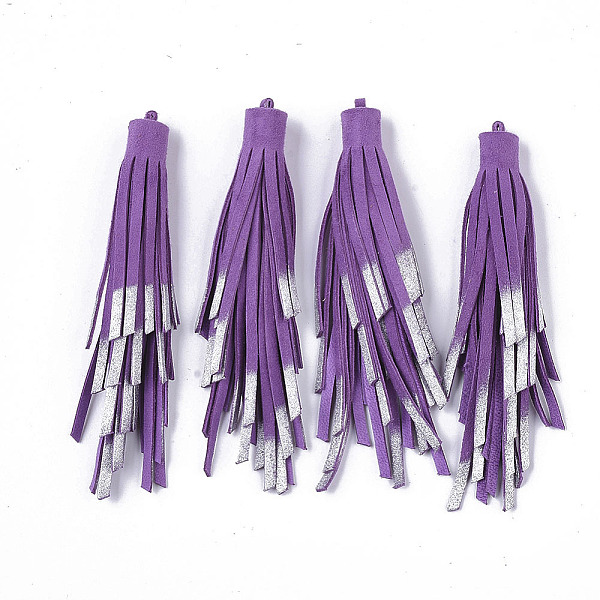 PandaHall Eco-Friendly Sheepskin Leather Tassel Big Pendants, Silver Plating, Dark Orchid, 87~91x8~10mm, Hole: 1~10mm Leather Purple