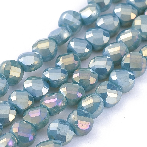 PandaHall Electroplate Glass Beads Strands, Faceted, Flat Round, Full Rainbow Plated, Sky Blue, 6x4mm, Hole: 1.2mm, about 100pcs/Strand...