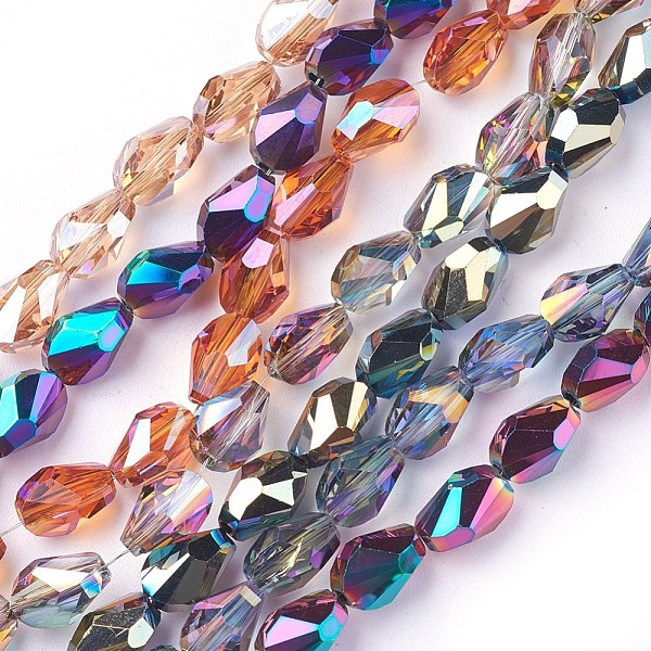 PandaHall Electroplate Glass Beads Strands, teardrop, Faceted, Mixed Color, 8.5x6x6mm, Hole: 1mm, 21.2~23.2 inch(54~59cm), 65~70pcs/strand...