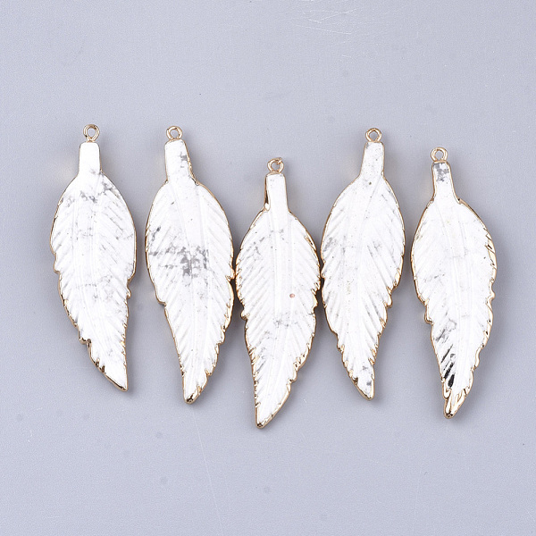 PandaHall Electroplate Natural Howlite Big Pendants, with Lead Free & Nickel Free Iron Findings, Leaf, Golden, 69~74x21~22x5~6mm, Hole: 2mm...