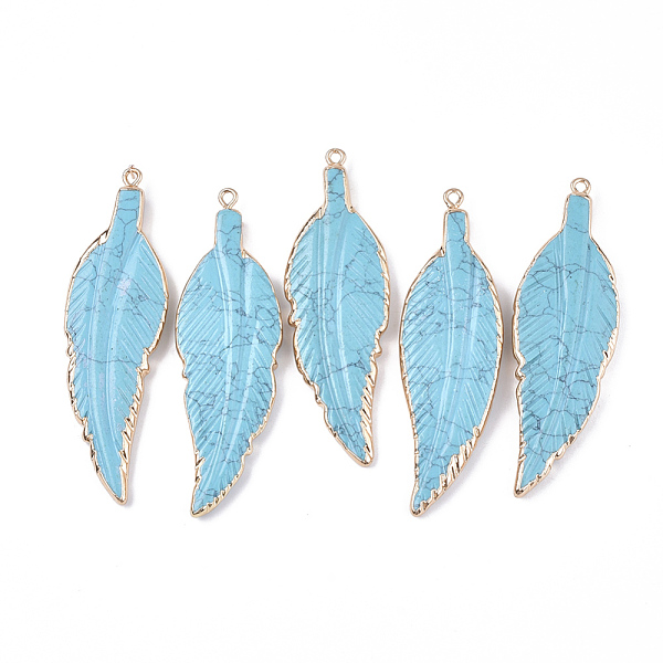 PandaHall Electroplate Synthetic Turquoise Big Pendants, with Lead Free & Nickel Free Iron Findings, Leaf, Golden, 69~74x21~22x5~6mm, Hole...