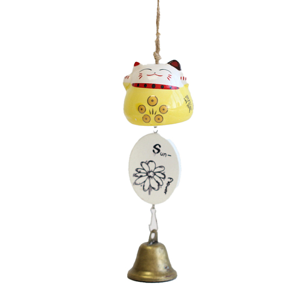 PandaHall Fortune Lucky Cat Porcelain Wind Chines, Outdoor, Home Hanging Decorations with Iron Bell and Sunflower Pattern Charms, Yellow...