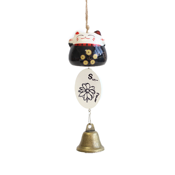 PandaHall Fortune Lucky Cat Porcelain Wind Chines, Outdoor, Home Hanging Decorations with Iron Bell and Sunflower Pattern Charms, Black...