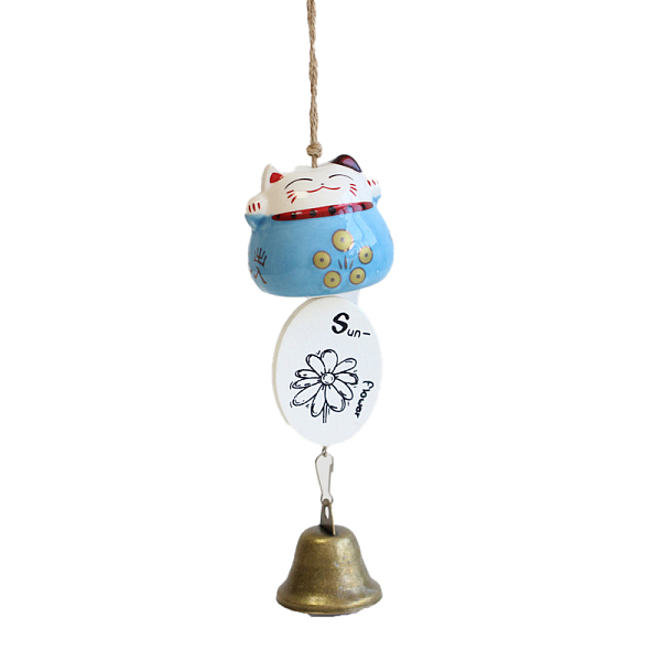 PandaHall Fortune Lucky Cat Porcelain Wind Chines, Outdoor, Home Hanging Decorations with Iron Bell and Sunflower Pattern Charms, Deep Sky...