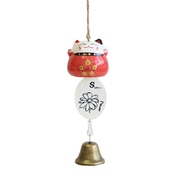 PandaHall Fortune Lucky Cat Porcelain Wind Chines, Outdoor, Home Hanging Decorations with Iron Bell and Sunflower Pattern Charms, Red...