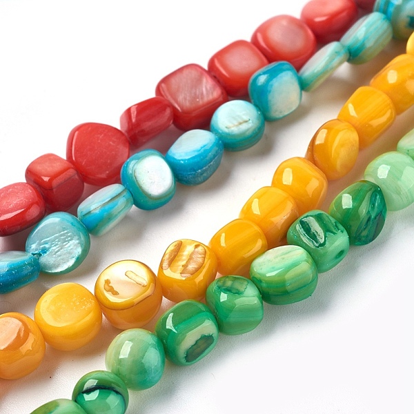 PandaHall Freshwater Shell Beads Strands, Dyed, Nuggets, Mixed Color, 6~8x6~9x4~7mm, Hole: 0.5mm, about 49~56pcs/strand, 15.2~15.5inch...