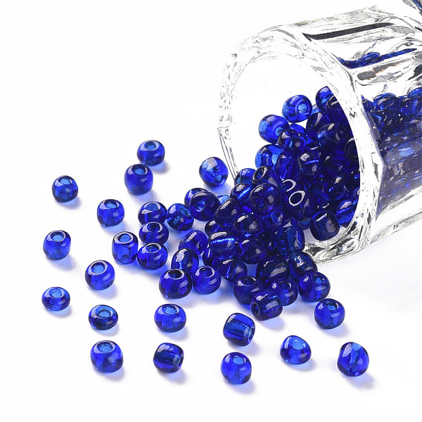 PandaHall Glass Seed Beads, Transparent, Round, Round Hole, Blue, 6/0, 4mm, Hole: 1.5mm, about 4500 pcs/pound Glass Blue