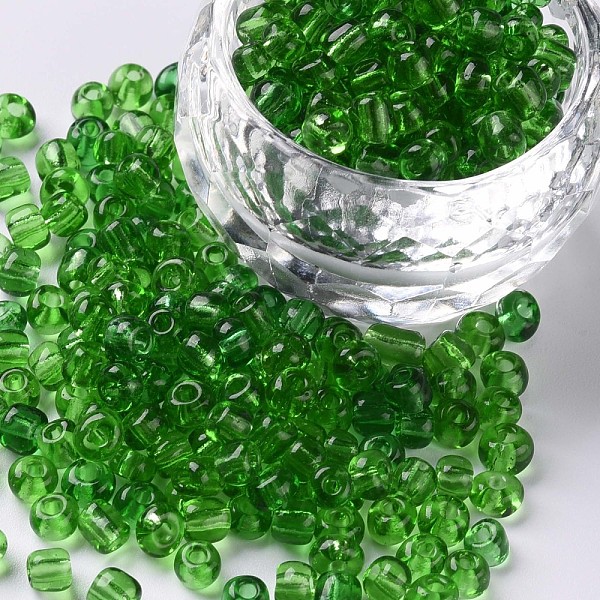 PandaHall Glass Seed Beads, Transparent, Round, Round Hole, Green, 6/0, 4mm, Hole: 1.5mm, about 4500 pcs/pound Glass Green