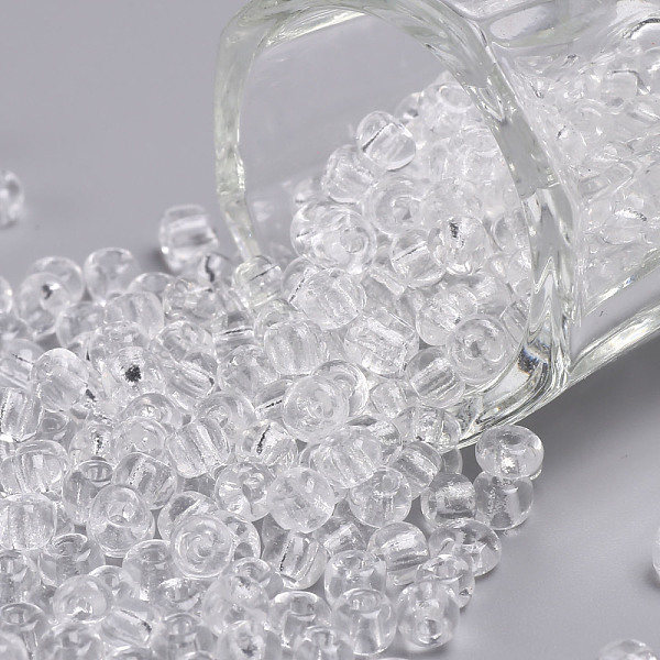 PandaHall Glass Seed Beads, Transparent, Round, Round Hole, White, 6/0, 4mm, Hole: 1.5mm, about 4500 pcs/pound Glass White