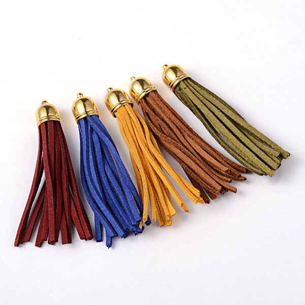 PandaHall Golden Brass Suede Tassels for Cell Phone Straps Making, Mixed Color, 55~65x12mm, Hole: 1.5mm Faux Suede Multicolor