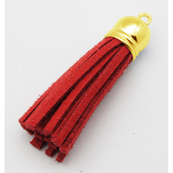 PandaHall Golden Brass Suede Tassels for Cell Phone Straps Making, Red, 55~65x12mm, Hole: 1.5mm Faux Suede Red