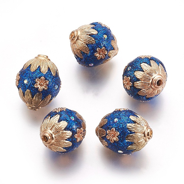 PandaHall Handmade Indonesia Beads, with Polymer Clay, Rhinestone and Metal Findings, Oval with Flower, Golden, Prussian Blue, 20~22x18~19mm...