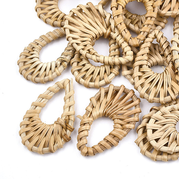 PandaHall Handmade Reed Cane/Rattan Woven Pendants, For Making Straw Earrings and Necklaces, teardrop, BurlyWood, 47~54x29~35x4~5mm, Hole...