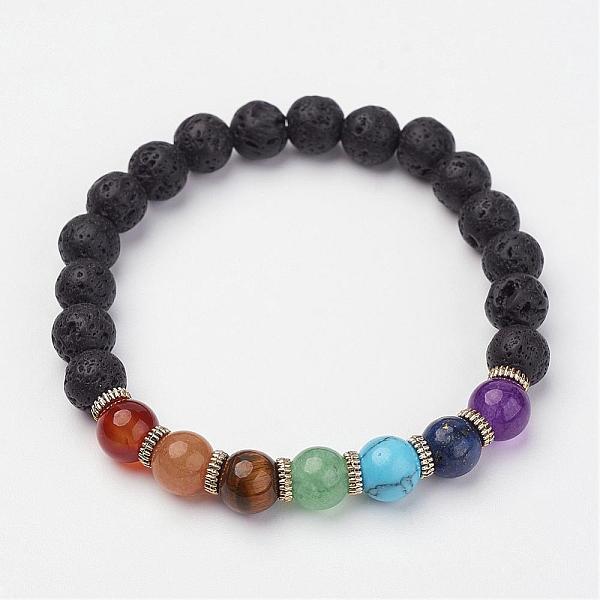 PandaHall Lava Rock Beaded and Gemstone Beaded Stretch Bracelets, with Alloy Spacer Beads, 1-7/8 inch~2 inch(49~50mm) Lava Rock