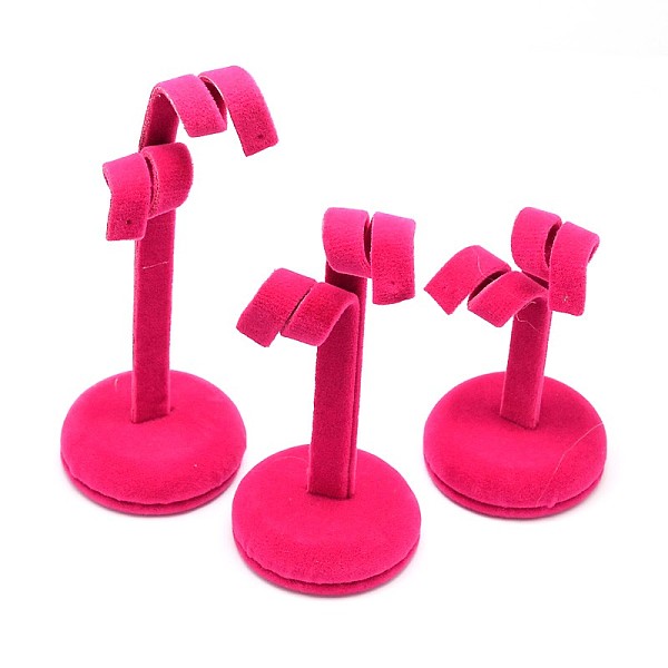 PandaHall Mix Iron Earring Display Stand, Jewelry Display Rack, Jewelry Tree Stand, with Wooden Base, Fuchsia, 10~15x5cm Iron Pink