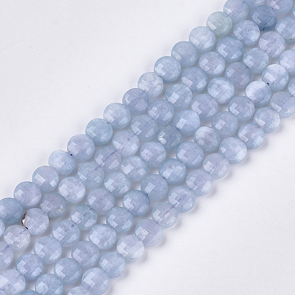 PandaHall Natural Aquamarine Beads Strands, Faceted, Flat Round, 6~6.5x3.5mm, Hole: 0.8mm, about 59~60pcs/strand, 14.9''~15.1'' Aquamarine...